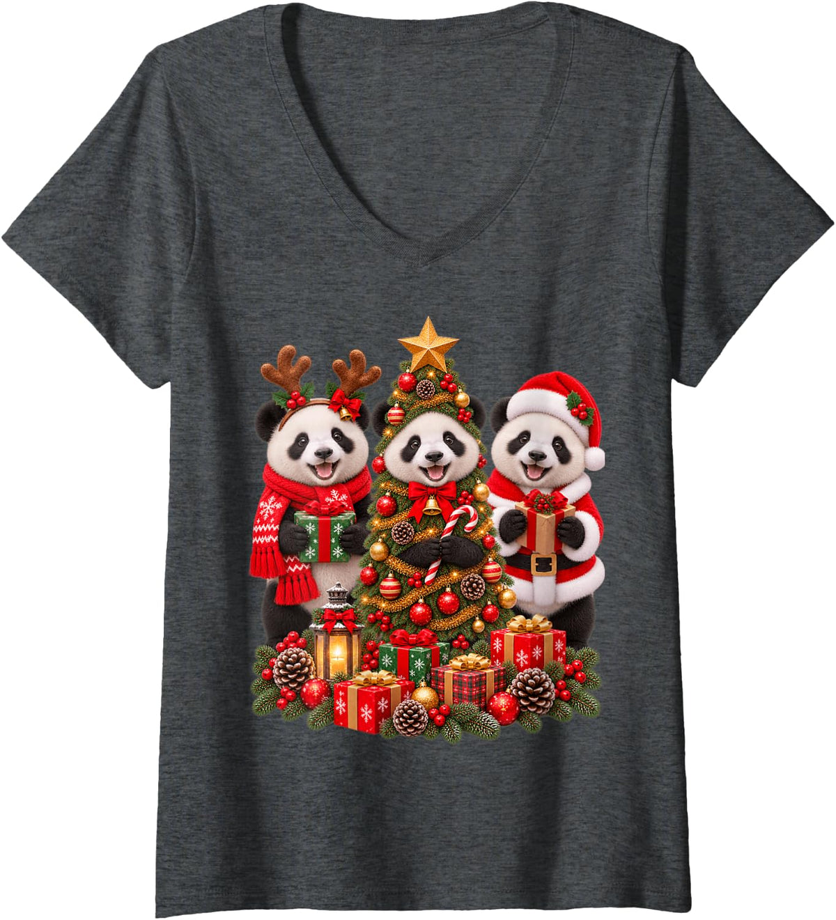 Women's Retro Christmas Panda Santa Reindeer Animal Lover V-Neck T-Shirt - Dark Heather Grey