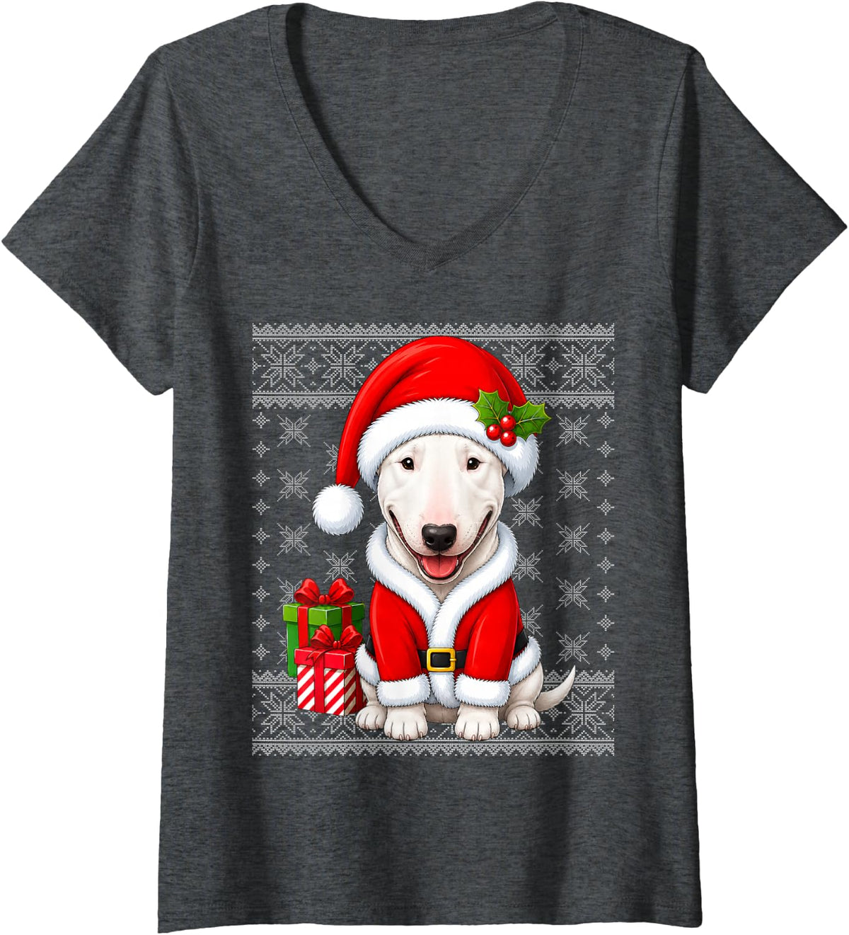 Women's Bull Terrier Dog in Christmas Santa Costume Ugly Xmas V-Neck T-Shirt - Dark Heather Grey