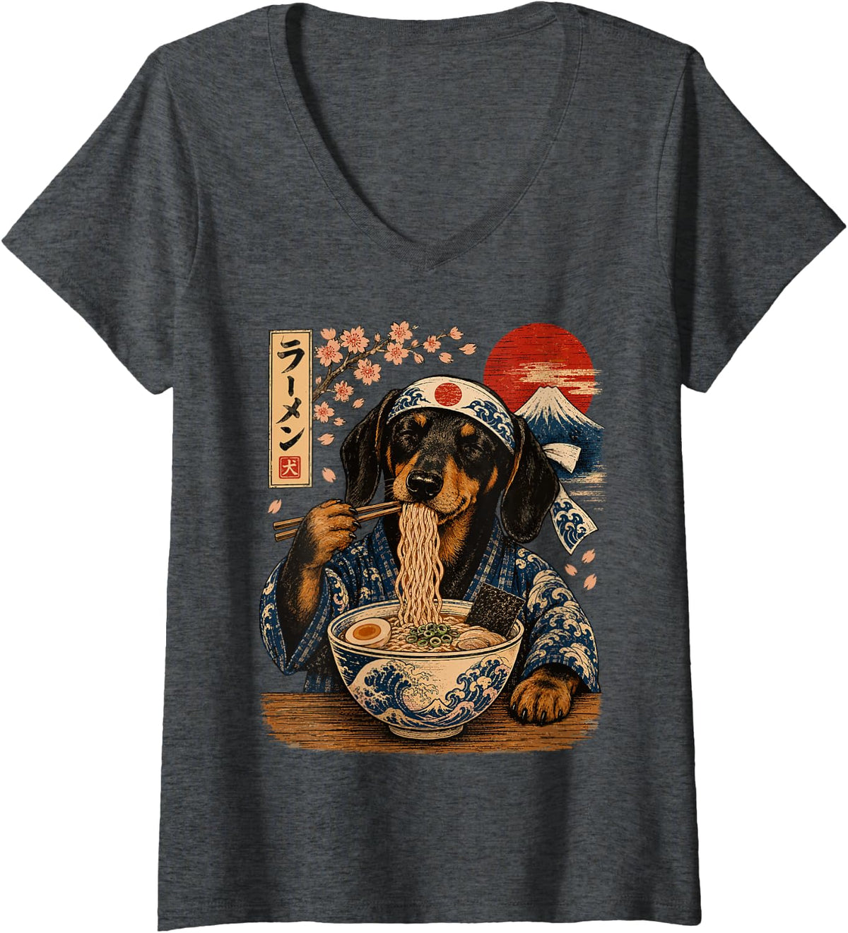 Women's Dachshund Dog Eating Ramen Japanese Wiener Dog V-Neck T-Shirt - Dark Heather Grey