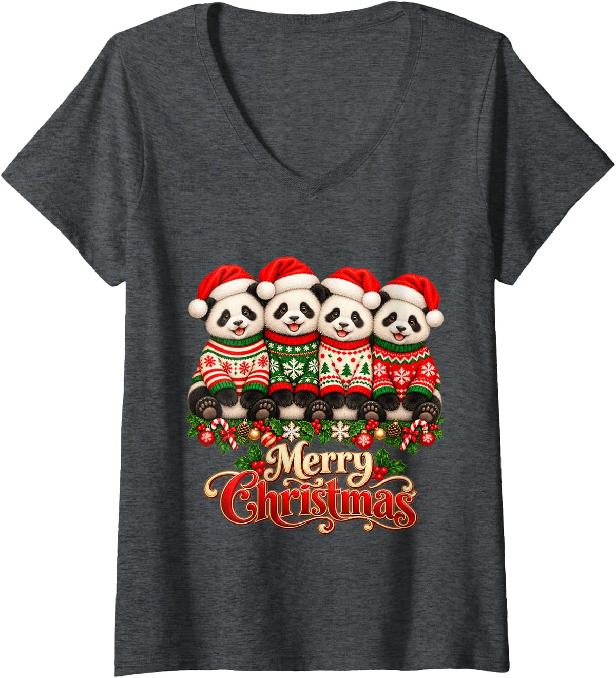 Women's Merry Christmas Panda Santa Hat Holiday Animal Lover V-Neck T-Shirt - Dark Heather Grey