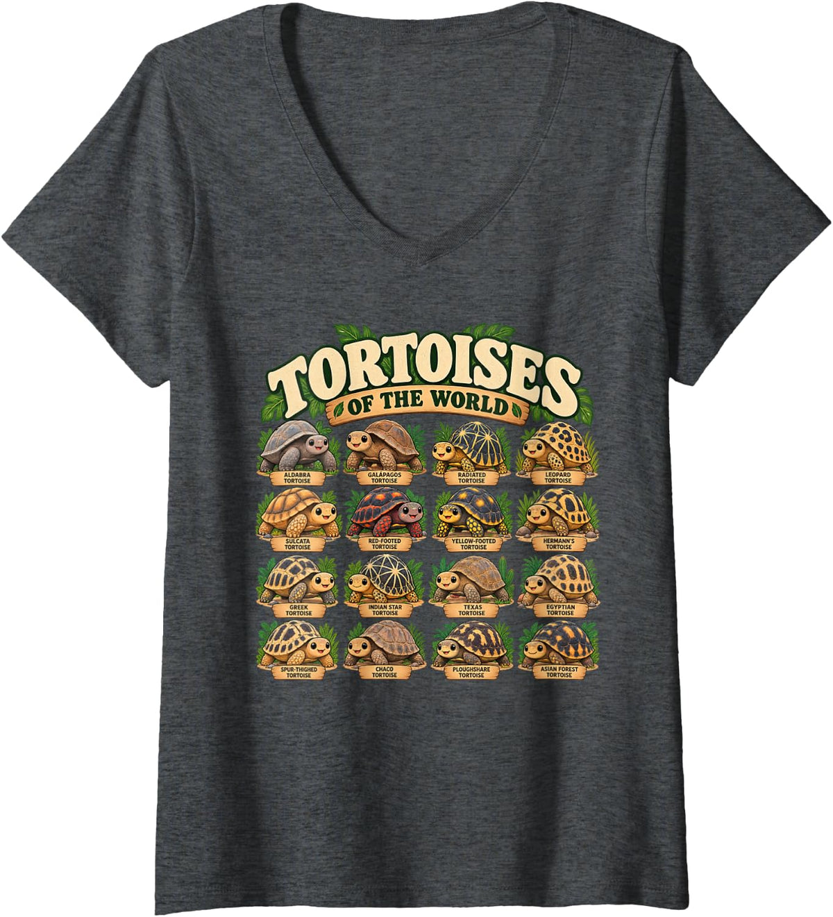 Women's Tortoises of The World Kawaii Reptile Species V-Neck T-Shirt - Dark Heather Grey