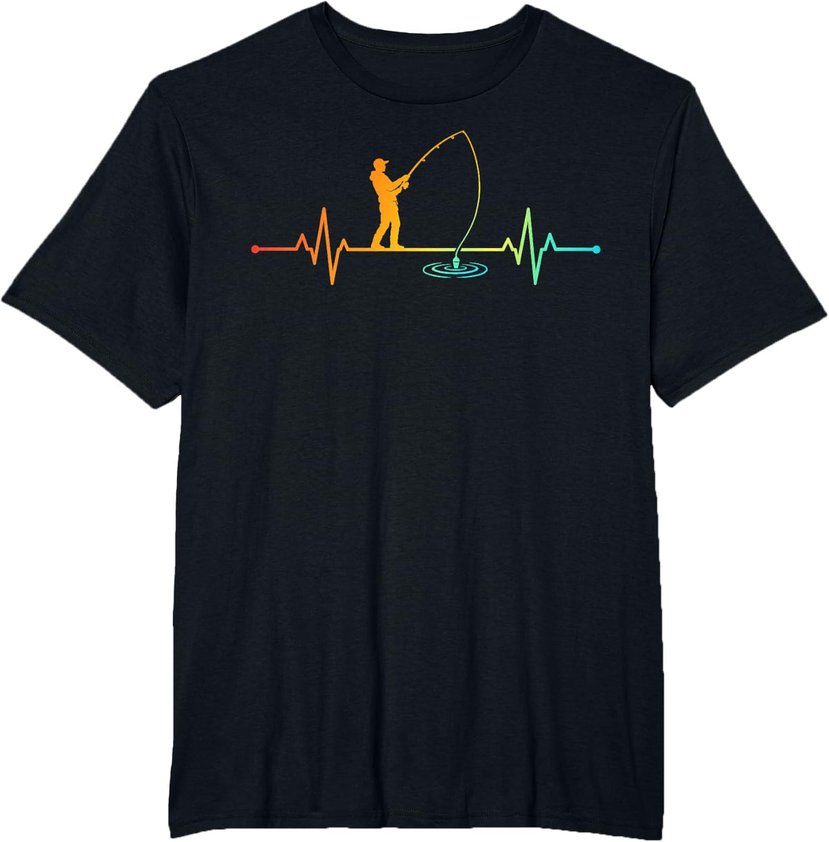 Fishing Heartbeat Angler with Rod Funny Fisherman Fish Lover T-Shirt - Black