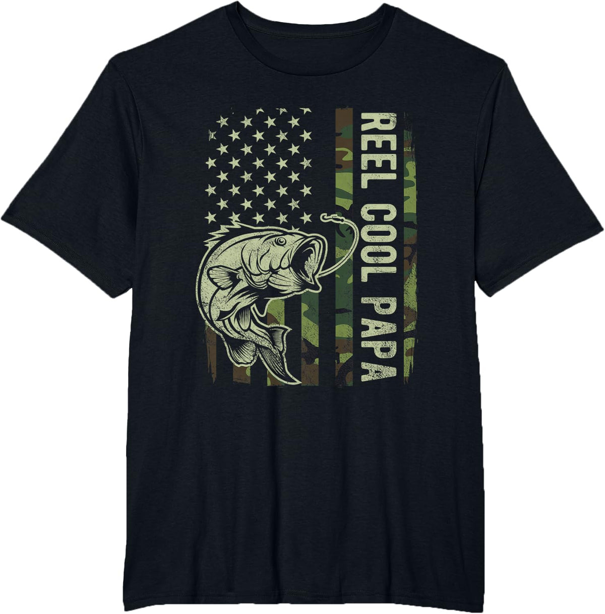 Reel Cool Papa Camouflage American Flag Bass Fish Fisherman T-Shirt - Black
