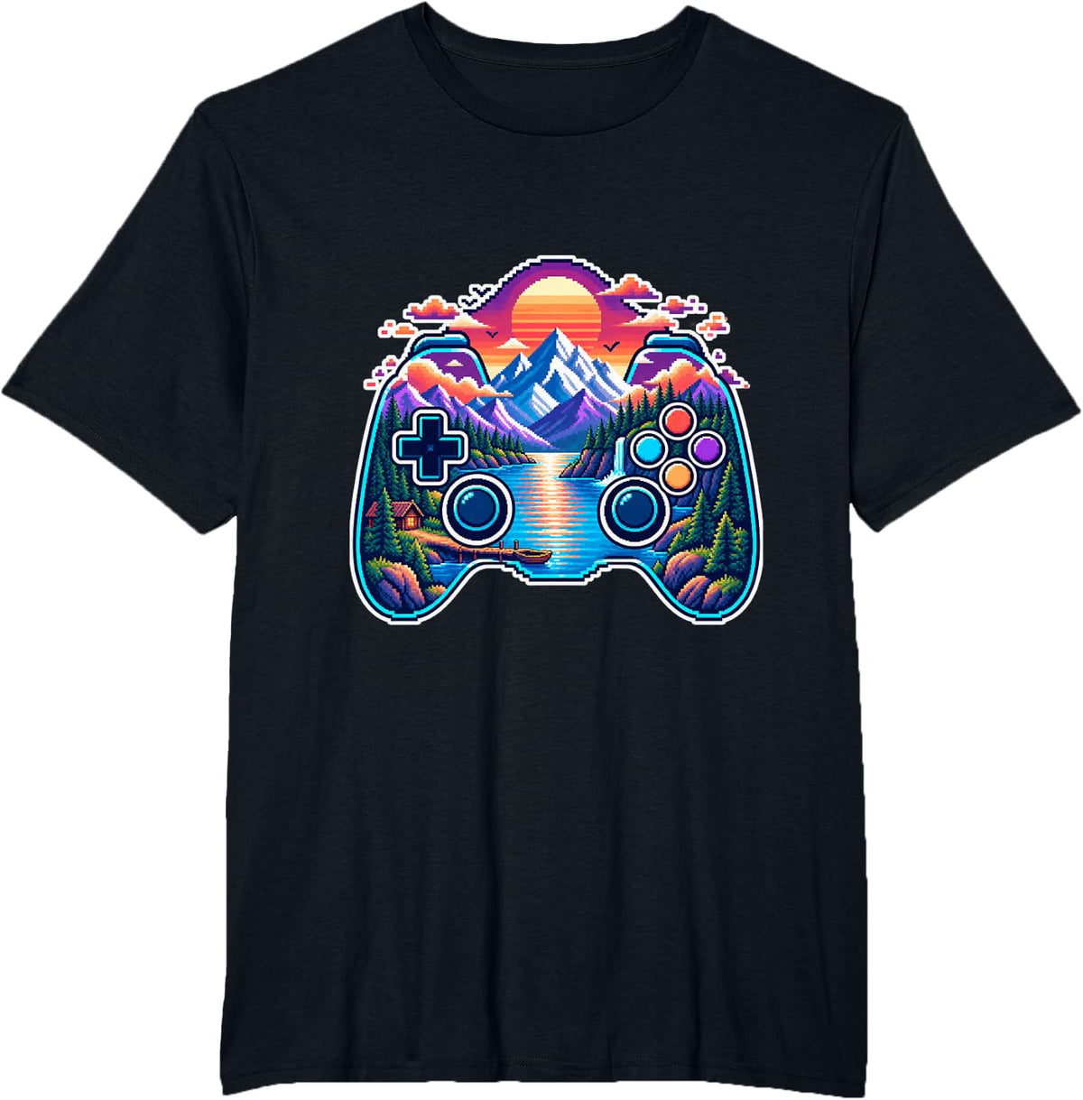 Pixel Controller with Mountain Lake at Sunset T-Shirt - Black
