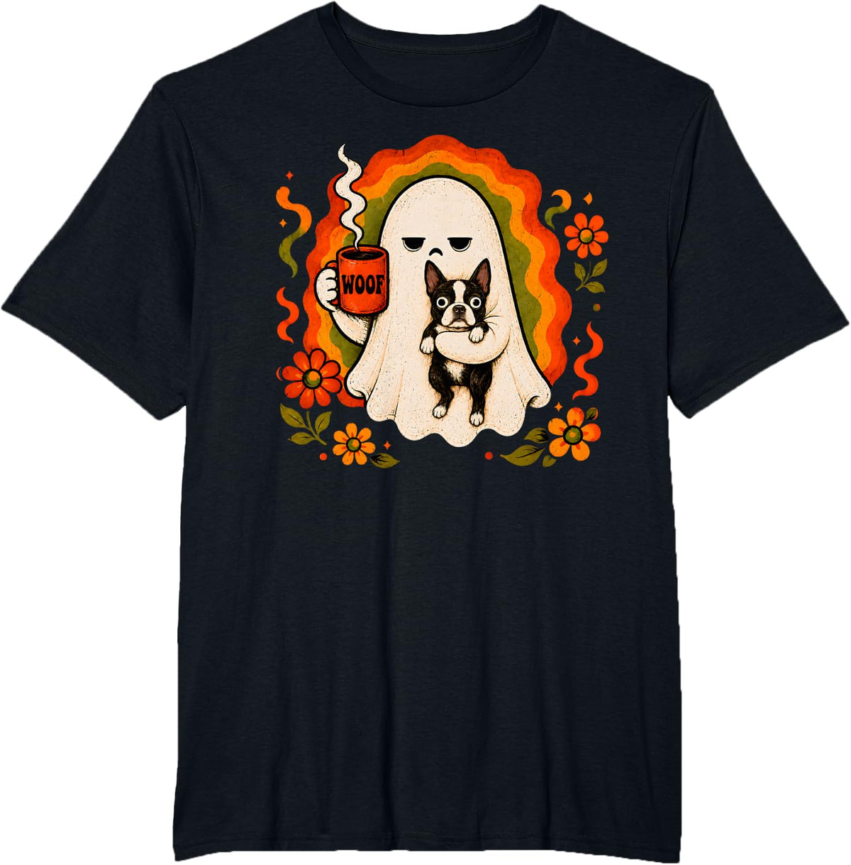 Grumpy Ghost Boston Terrier Holding Coffee Spooky Fanny Tee T-Shirt - Black