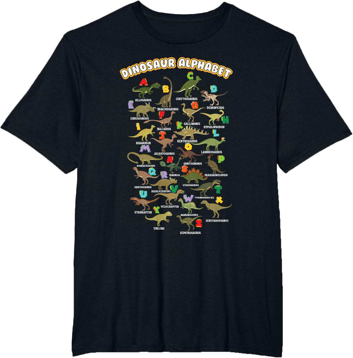 Cute Educational Types Dinosaurs Alphabet A-Z ABC Dino kids T-Shirt - Black
