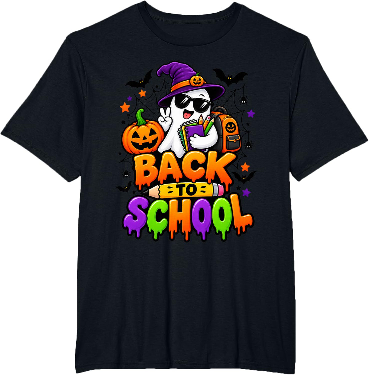 Spooky Back to School Ghost Halloween Student Design T-Shirt - Black