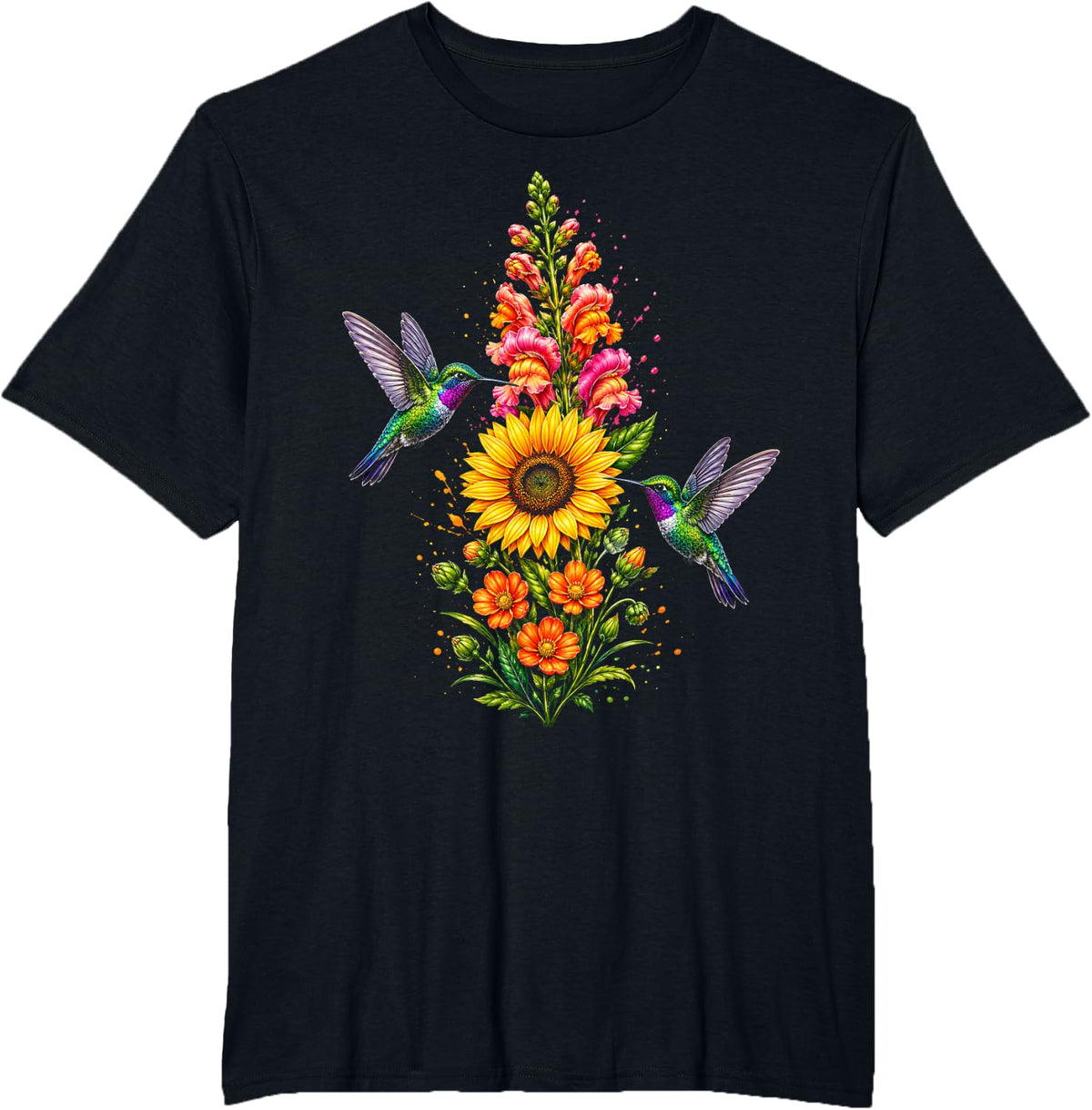 Hummingbird Sunflower Floral Bird Lover T-Shirt - Black