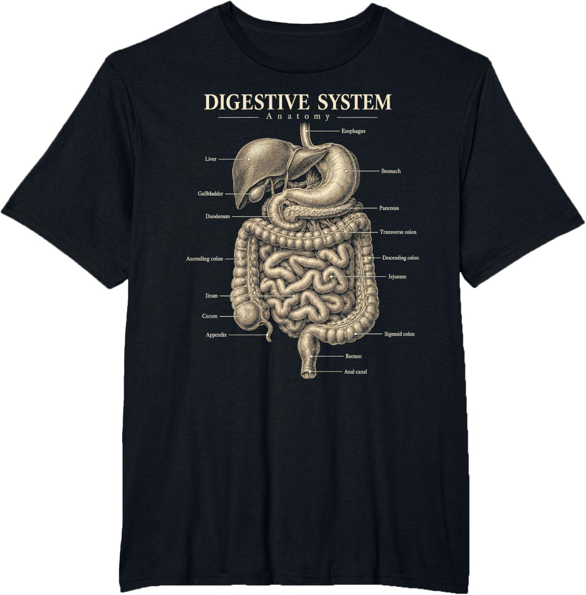 Digestive System Anatomy Vintage Human Organs Medical Chart T-Shirt - Black