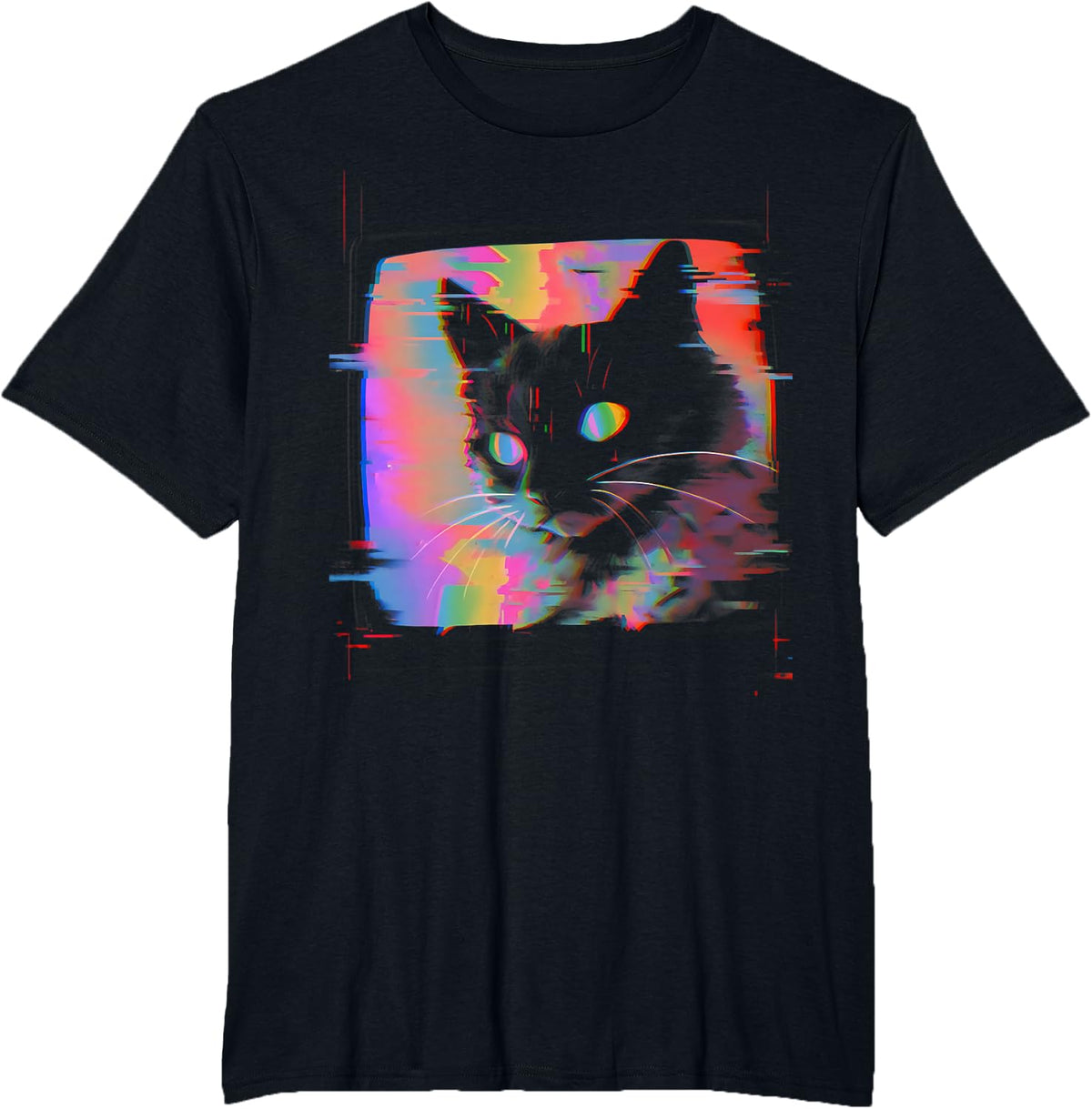 Psychedelic Trippy Glitch Cat | 80s 90s Vaporwave Synthwave T-Shirt - Black