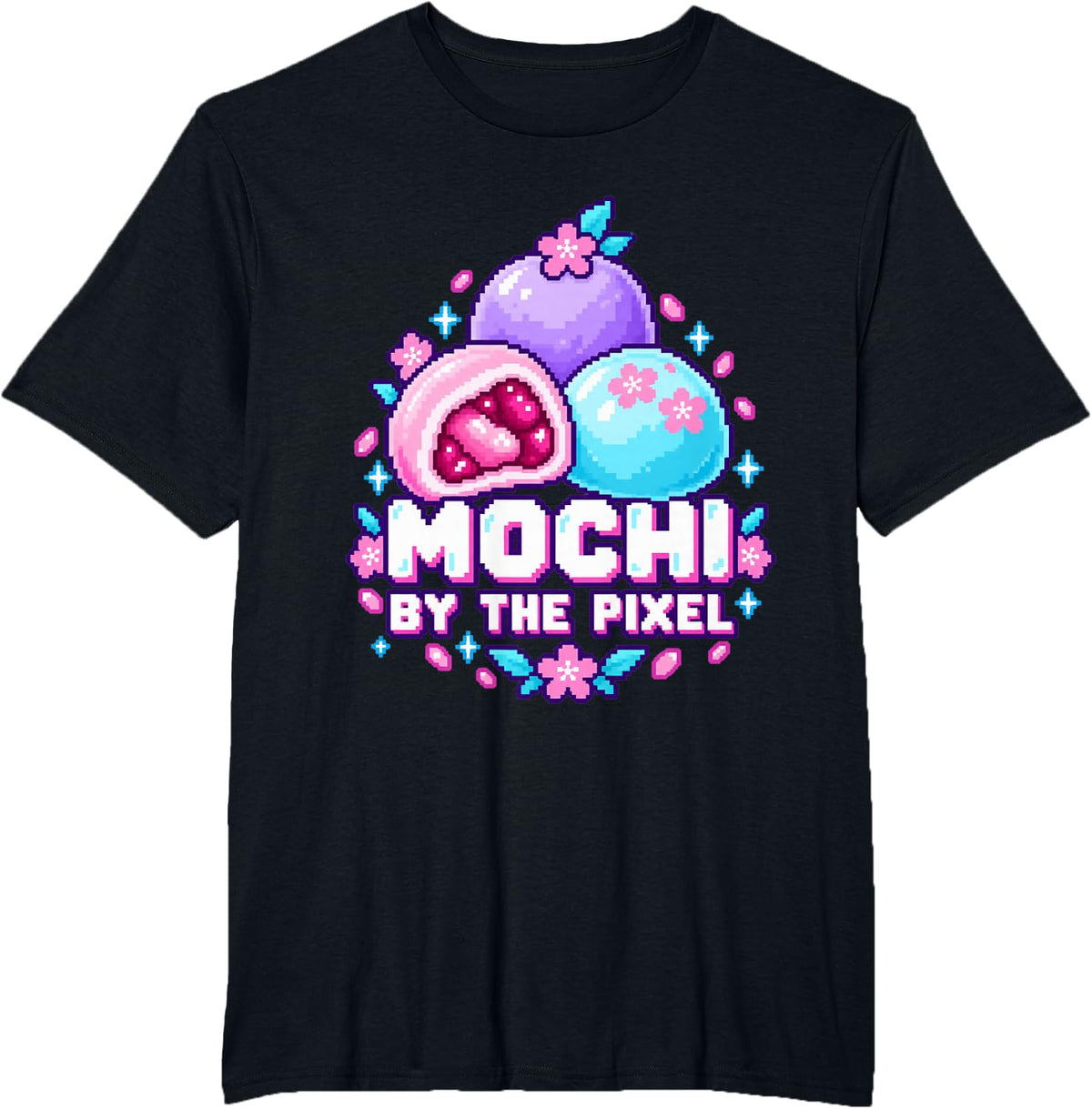 Pixel Mochi Trio with Cherry Blossoms T-Shirt - Black
