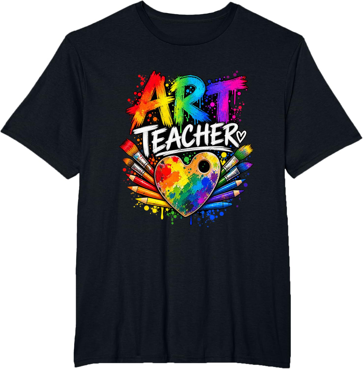 Art Teacher Rainbow Heart Palette Painting Brushes T-Shirt - Black
