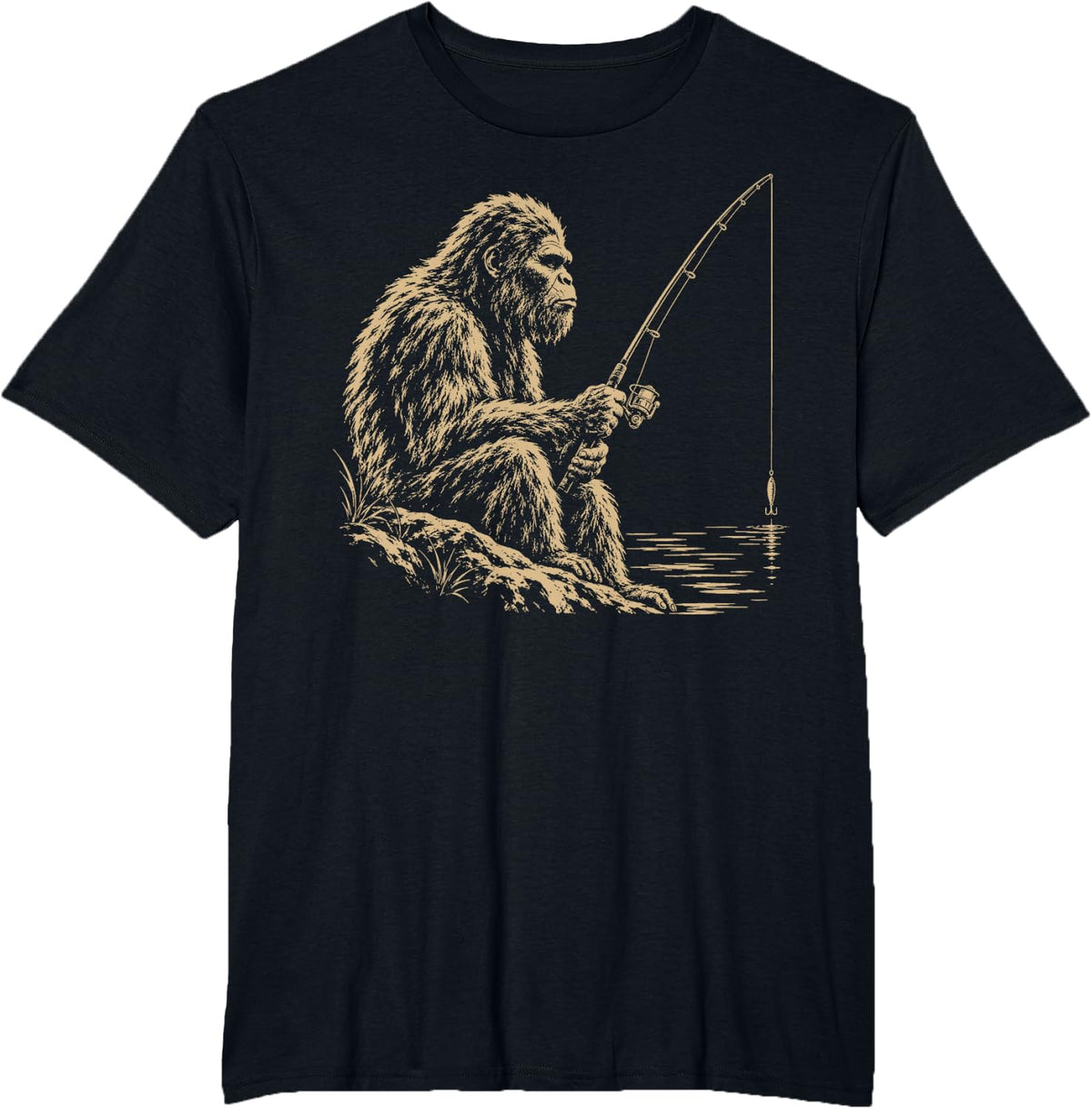 Bigfoot Fishing with Rod Funny Fisherman Angler Sasquatch T-Shirt - Black