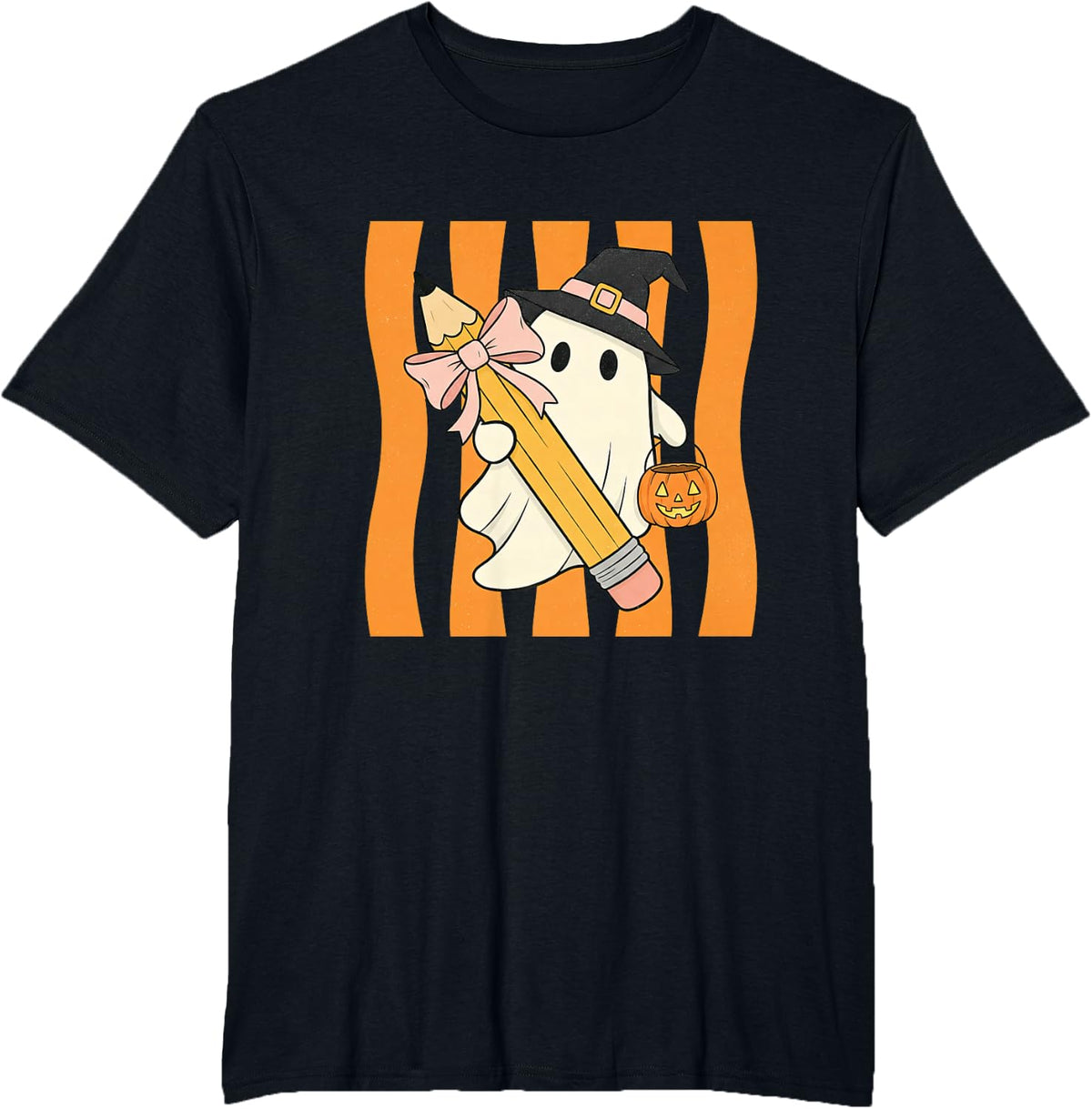 Coquette Bow Halloween Ghost Teacher Pencil Spooky Teaching T-Shirt - Black