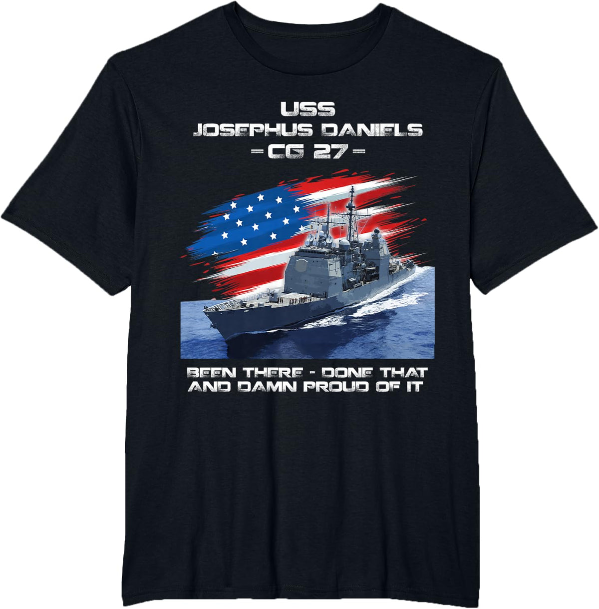 USS Josephus Daniels CG-27 Class Cruiser American Flag T-Shirt - Black