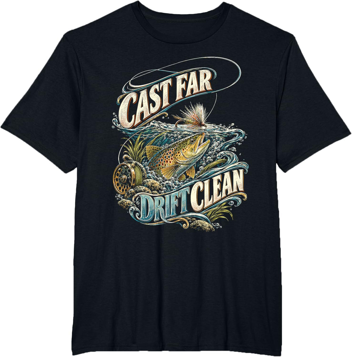 Fly Tying Fly Fishing Cast Far Drift Clean T-Shirt - Black