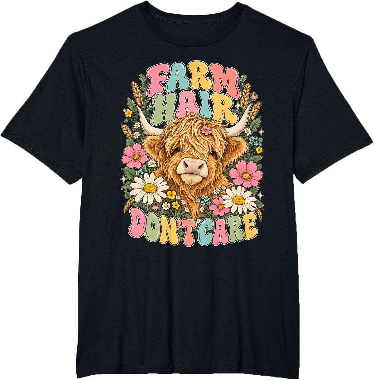 Highland Cow Farm Life Farm Hair Don't Care Floral T-Shirt - Black