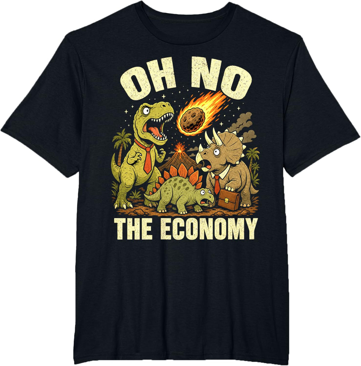 Oh No The Economy Dinosaur Meme Meteor Retro Cartoon T-Shirt - Black
