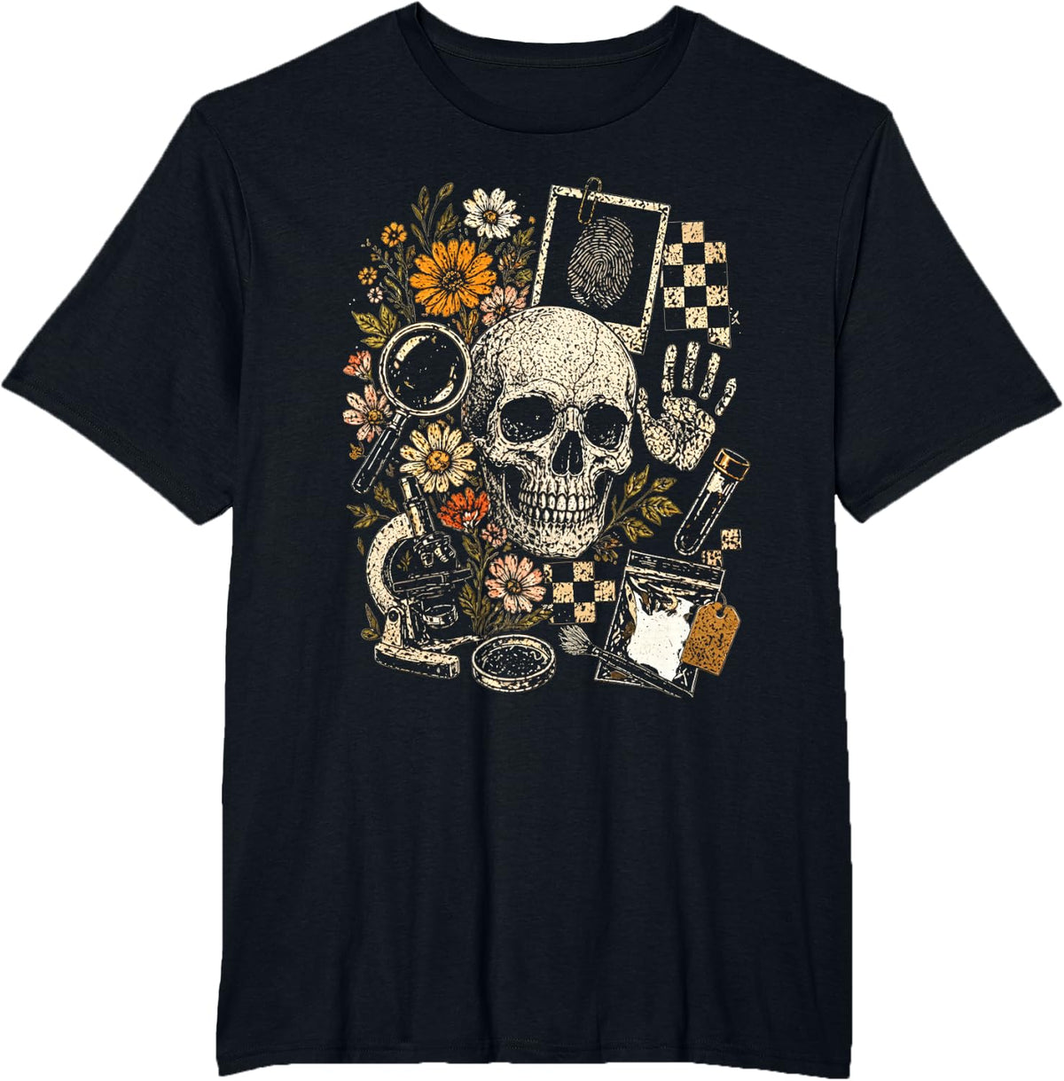 Vintage Forensic Science Floral Skull Scientist Student Grad T-Shirt - Black