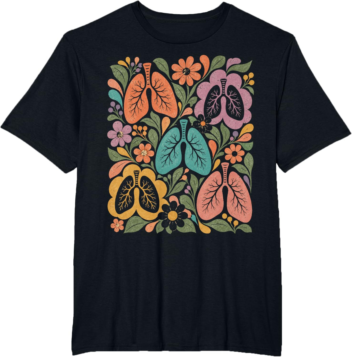 Respiratory Therapist RT Floral Lungs Retro Respiratory Art T-Shirt - Black