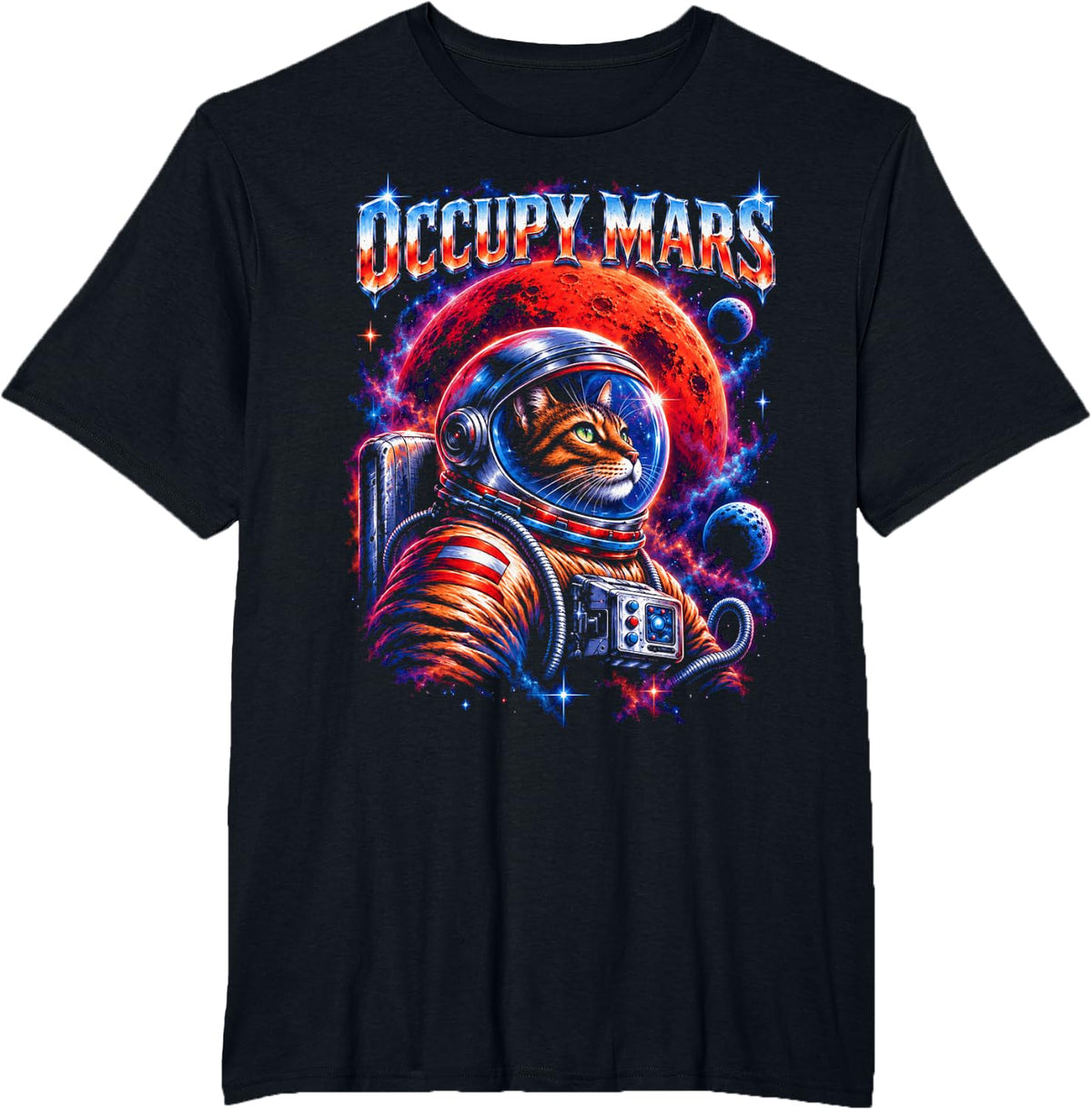 Y2K Astronaut Cat Occupy Mars - Sci - Fi Space T-Shirt - Black