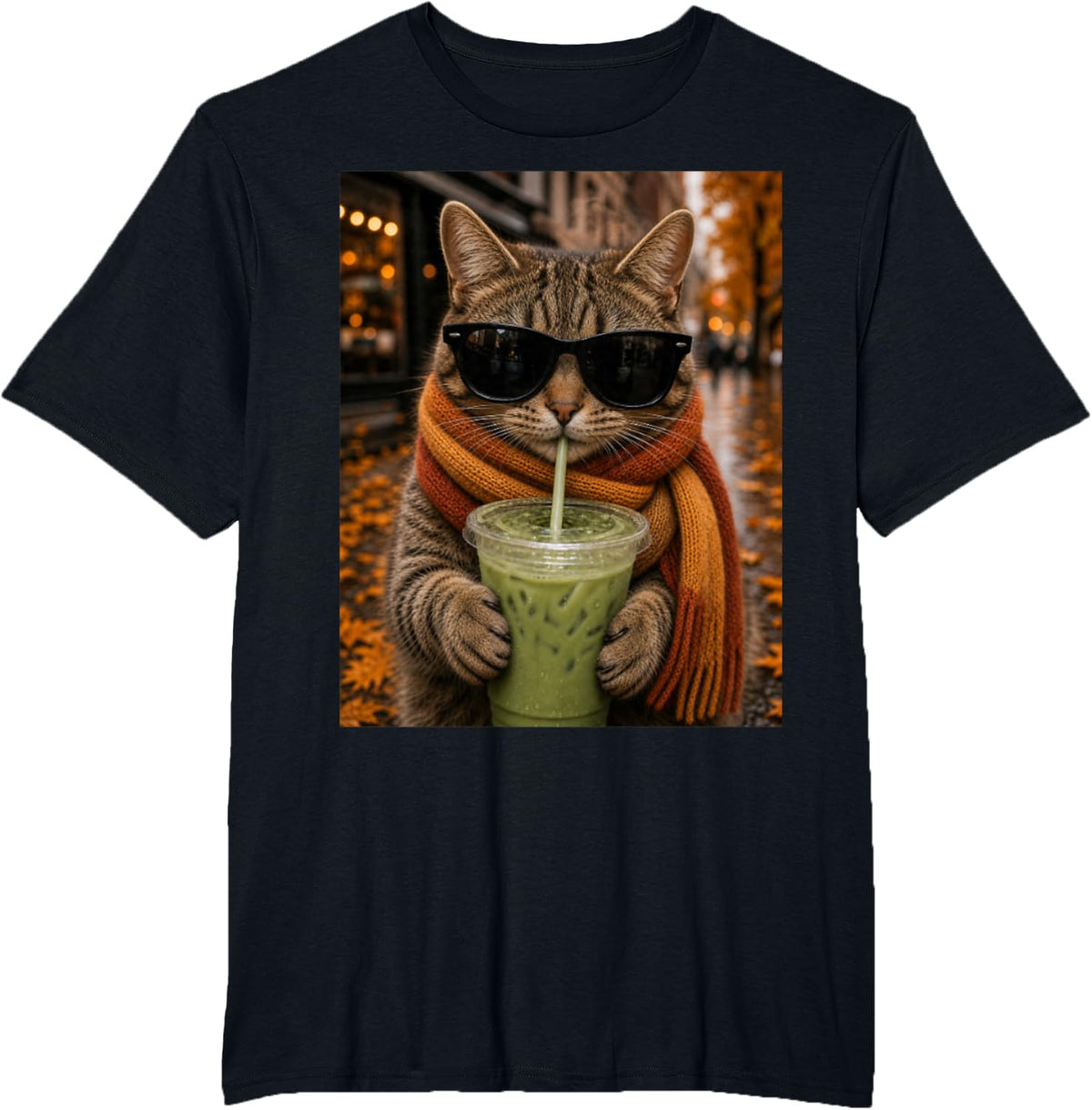 Cat with Sunglasses Scarf and Matcha Autumn Design T-Shirt - Black