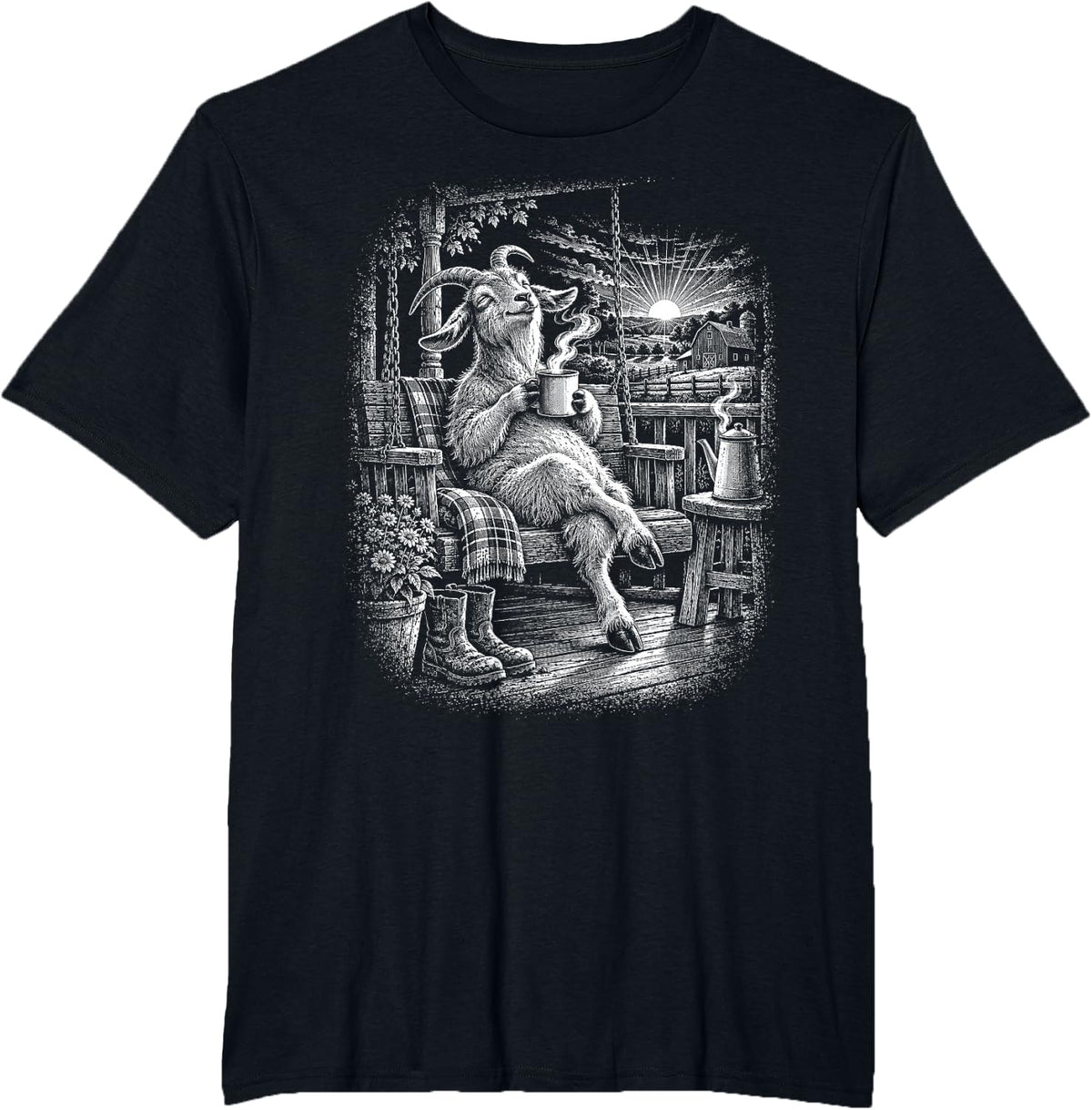 Funny Goat Coffee Lover Porch Swing Farmhouse Morning T-Shirt - Black