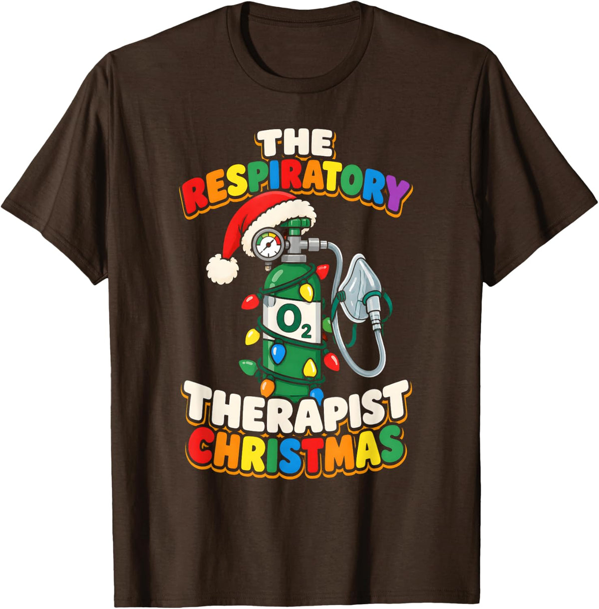 Respiratory Therapist Christmas Oxygen Santa Hat Lights T-Shirt - Brown