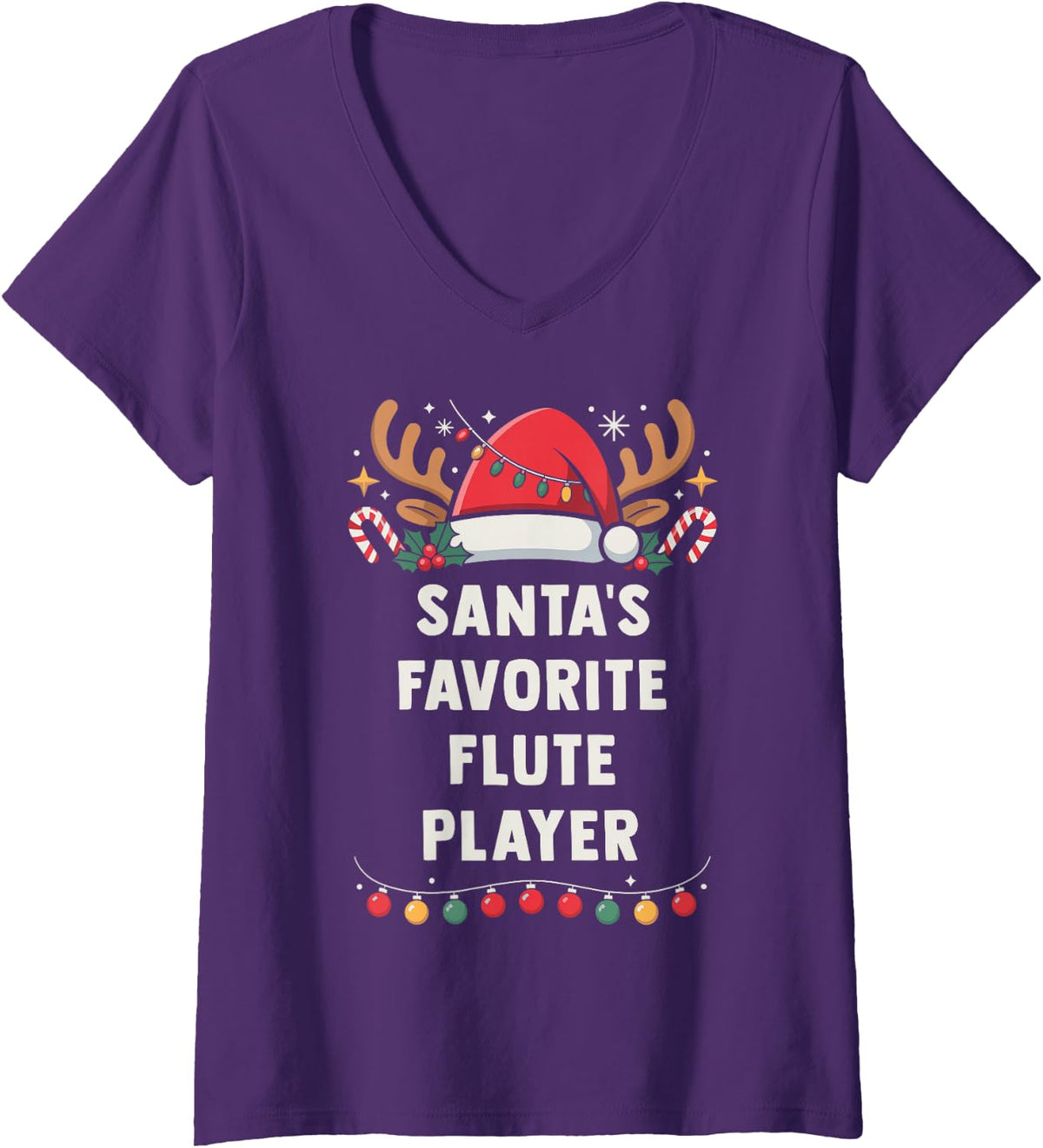 Women's Santa's Favorite Flute Player Christmas Concert Band Squad V-Neck T-Shirt - Purple