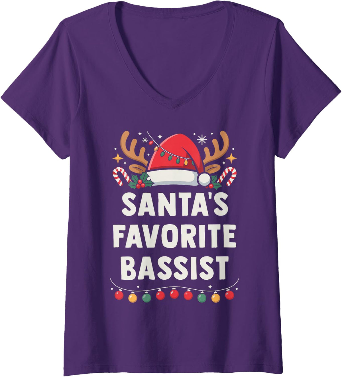 Women's Christmas Concert Santa's Favorite Bassist Holiday Recital V-Neck T-Shirt - Purple