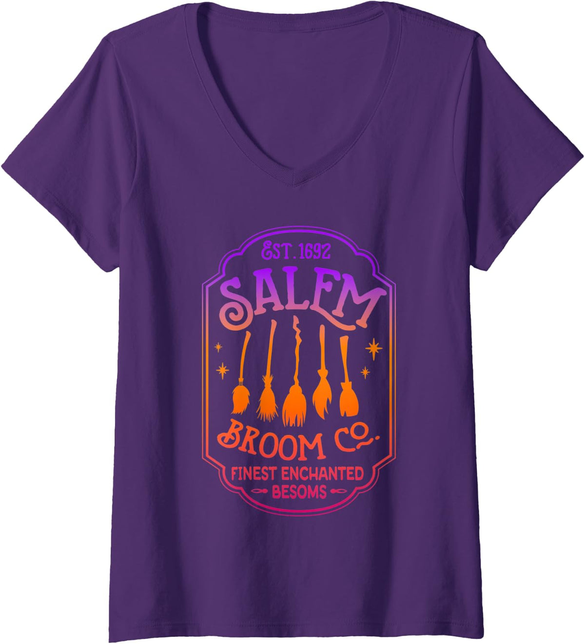 Womens Salem Broom Company Est 1692 Halloween Salem Witch Cat Broom V-Neck T-Shirt - Purple