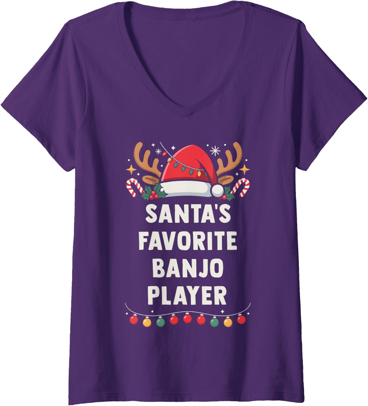 Women's Santa's Favorite Banjo Player Christmas Concert Band Squad V-Neck T-Shirt - Purple