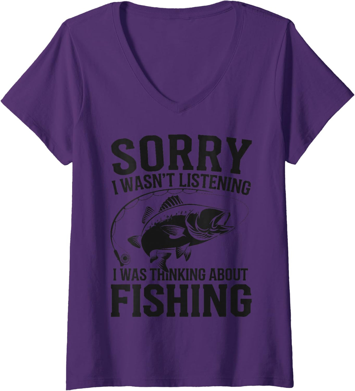 Women's Thinking About Fishing Humor Father's Day Funny Fisherman V-Neck T-Shirt - Purple