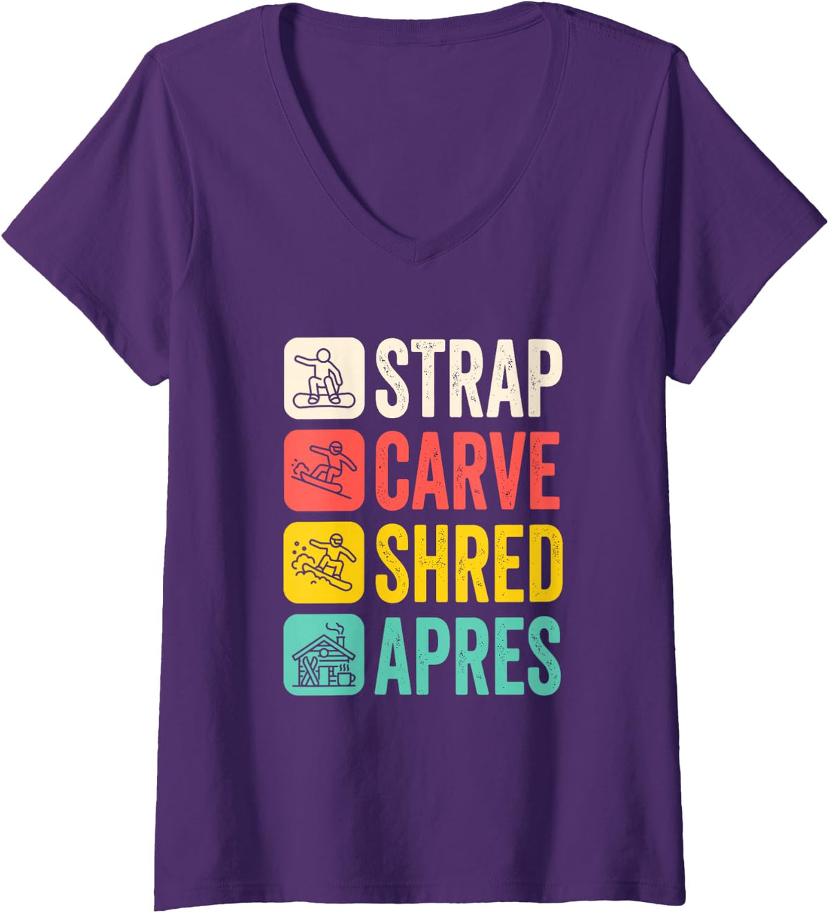 Women's Snowboarder Strap Carve Shred Apres Freestyle Backcountry V-Neck T-Shirt - Purple