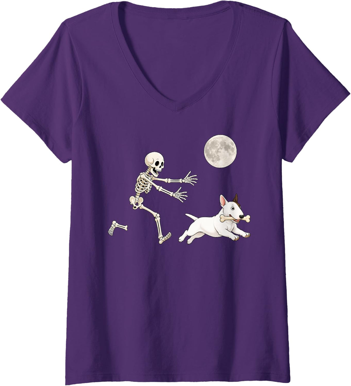 Women's Bull Terrier Running Skeleton Retro Halloween Dog V-Neck T-Shirt - Purple