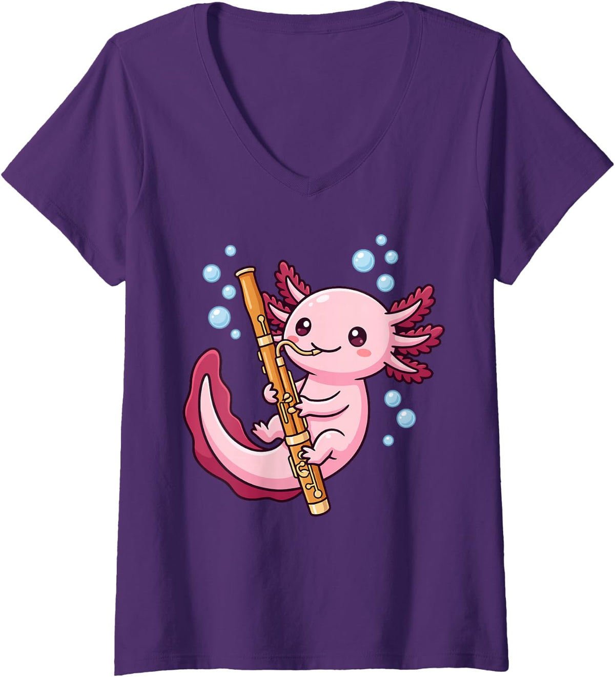 Women's Cute Axolotl Playing Bassoon Funny Bassoonist Musician V-Neck T-Shirt - Purple