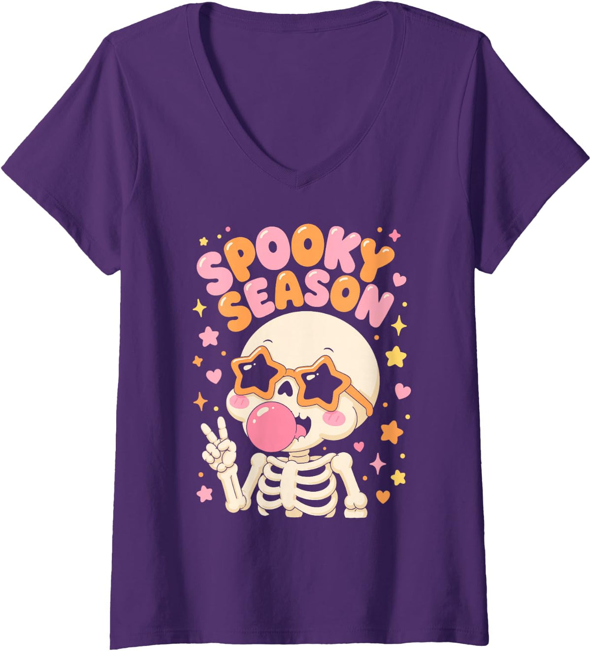 Women's Halloween Spooky Season Cute Cartoon Skeleton Kids V-Neck T-Shirt - Purple