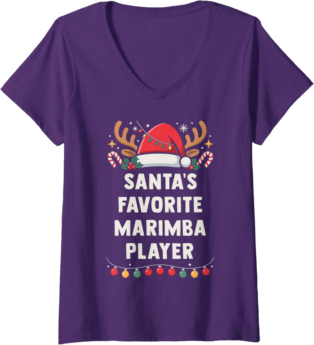 Women's Santa's Favorite Marimba Player Christmas Concert Band Squad V-Neck T-Shirt - Purple