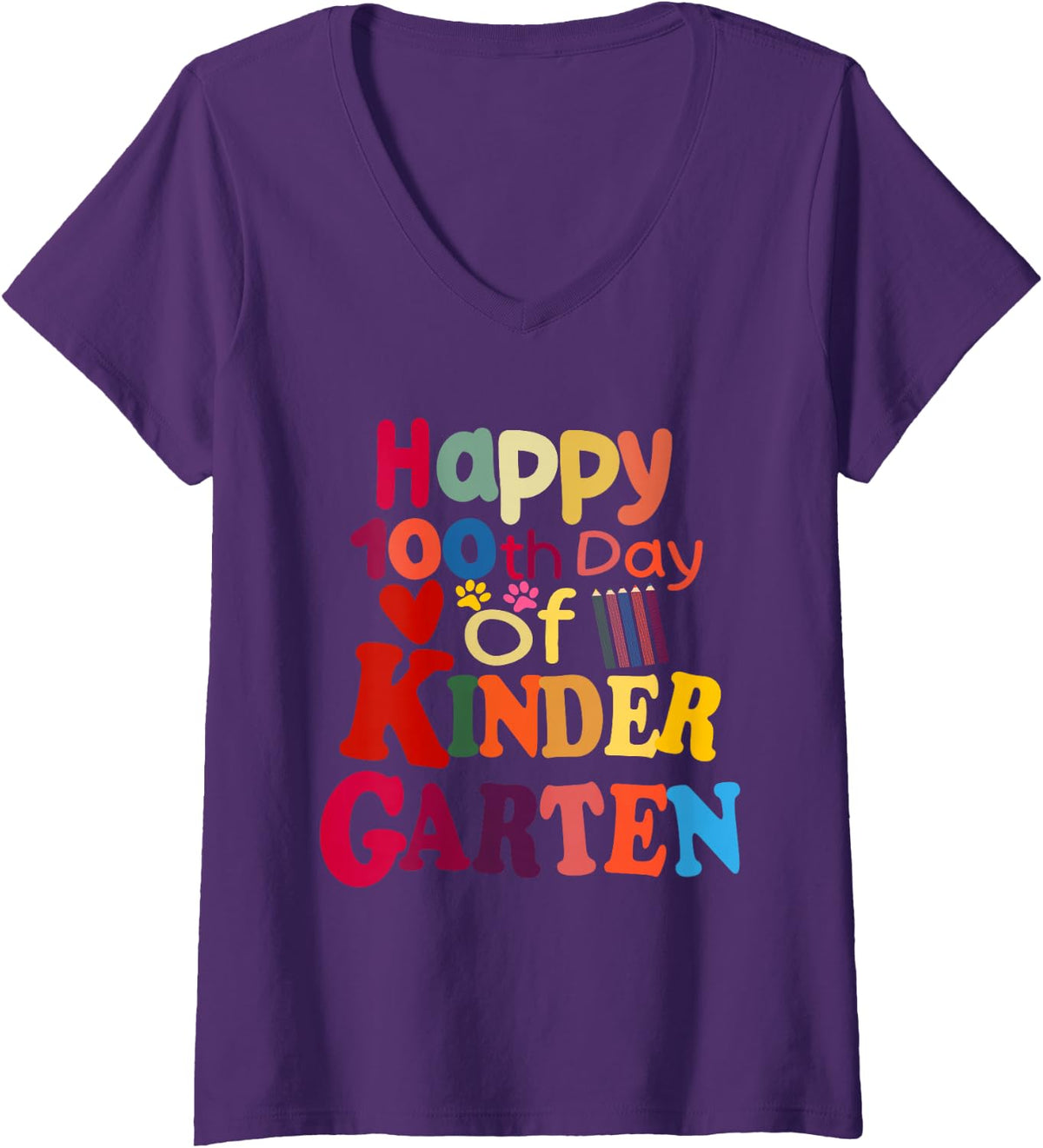 Women's Happy 100th Day of Kindergarten for Student or Teacher V-Neck T-Shirt - Purple