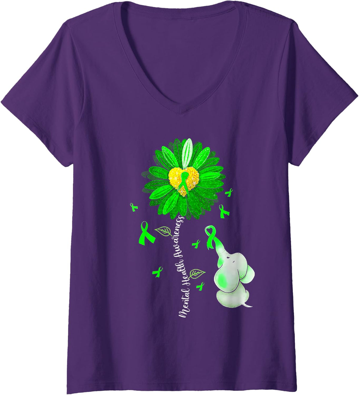 Womens Mental Health Awareness Cute Elephant Green Ribbon Sunflower V-Neck T-Shirt - Purple