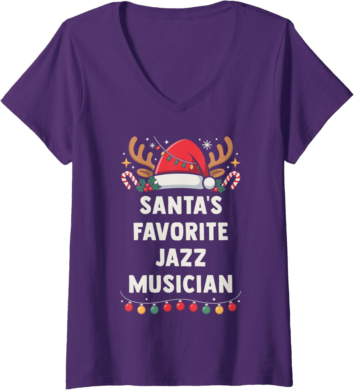 Women's Santa's Favorite Jazz Musician Xmas Concert Holiday Recital V-Neck T-Shirt - Purple