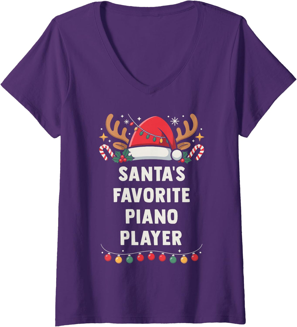 Women's Santa's Favorite Piano Player Christmas Concert Band Squad V-Neck T-Shirt - Purple