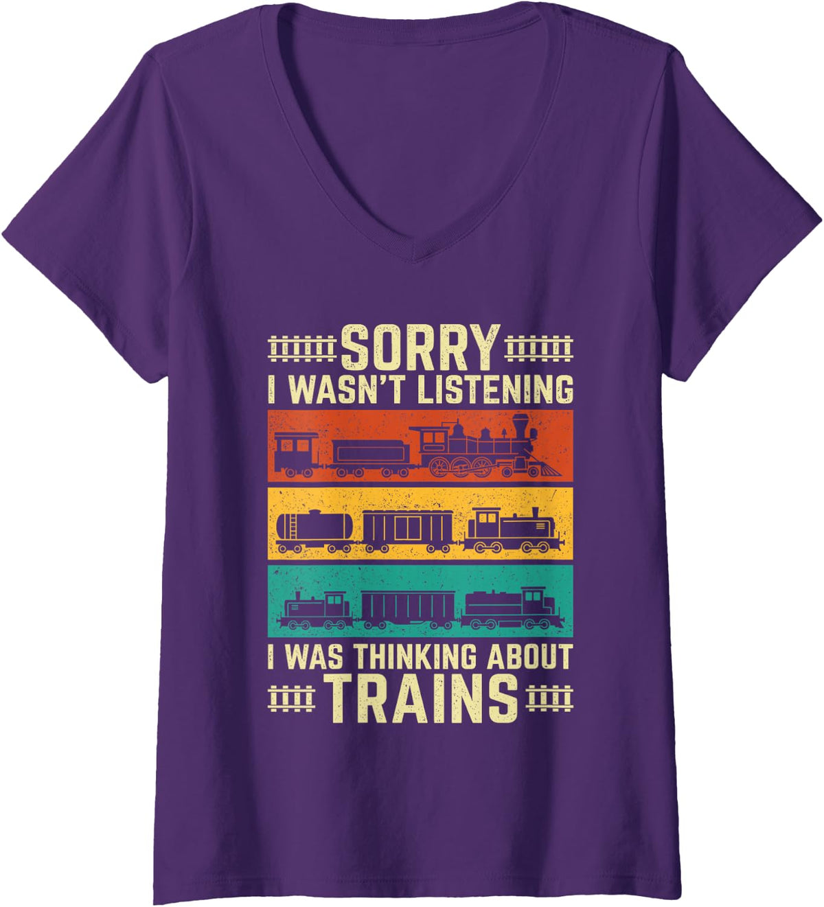 Women's I was Thinking About Trains - Train Lover Railroad Railfan V-Neck T-Shirt - Purple