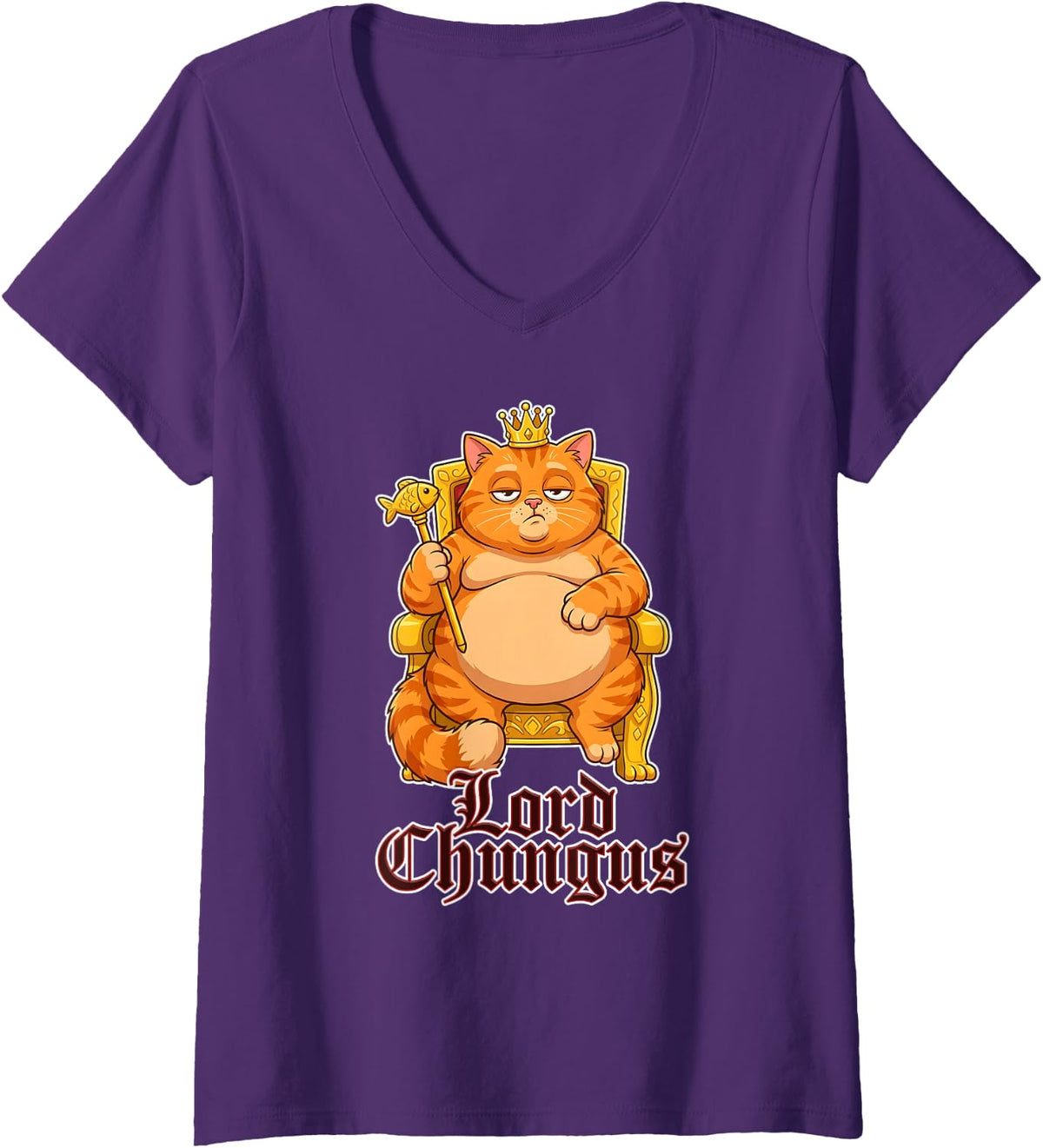 Women's Lord Chungus Funny Meme Hilarious Internet Humor Tabby Cat V-Neck T-Shirt - Purple