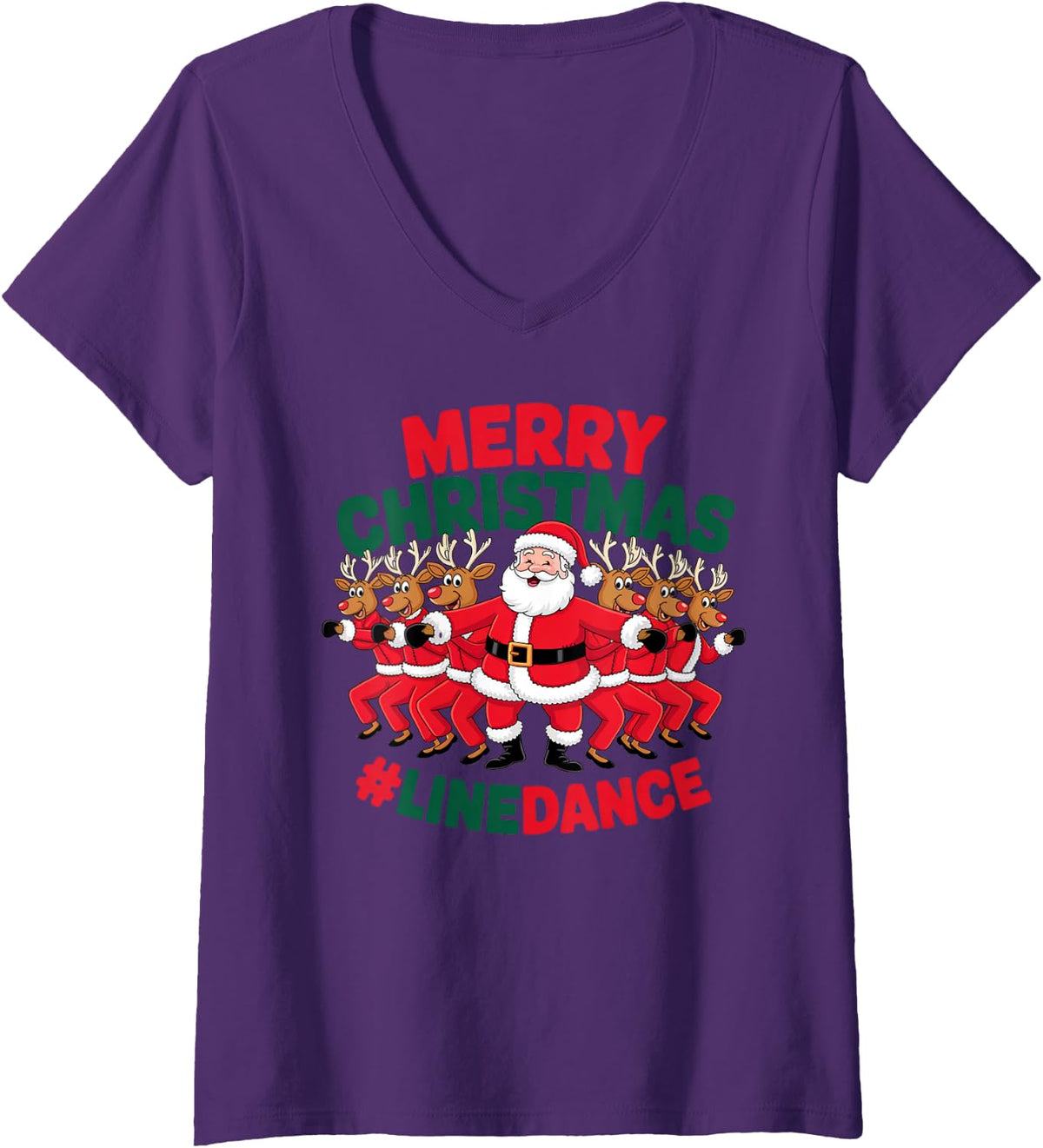 Womens Merry Christmas Lights Red Santa Hat Xmas Line Dance V-Neck T-Shirt - Purple