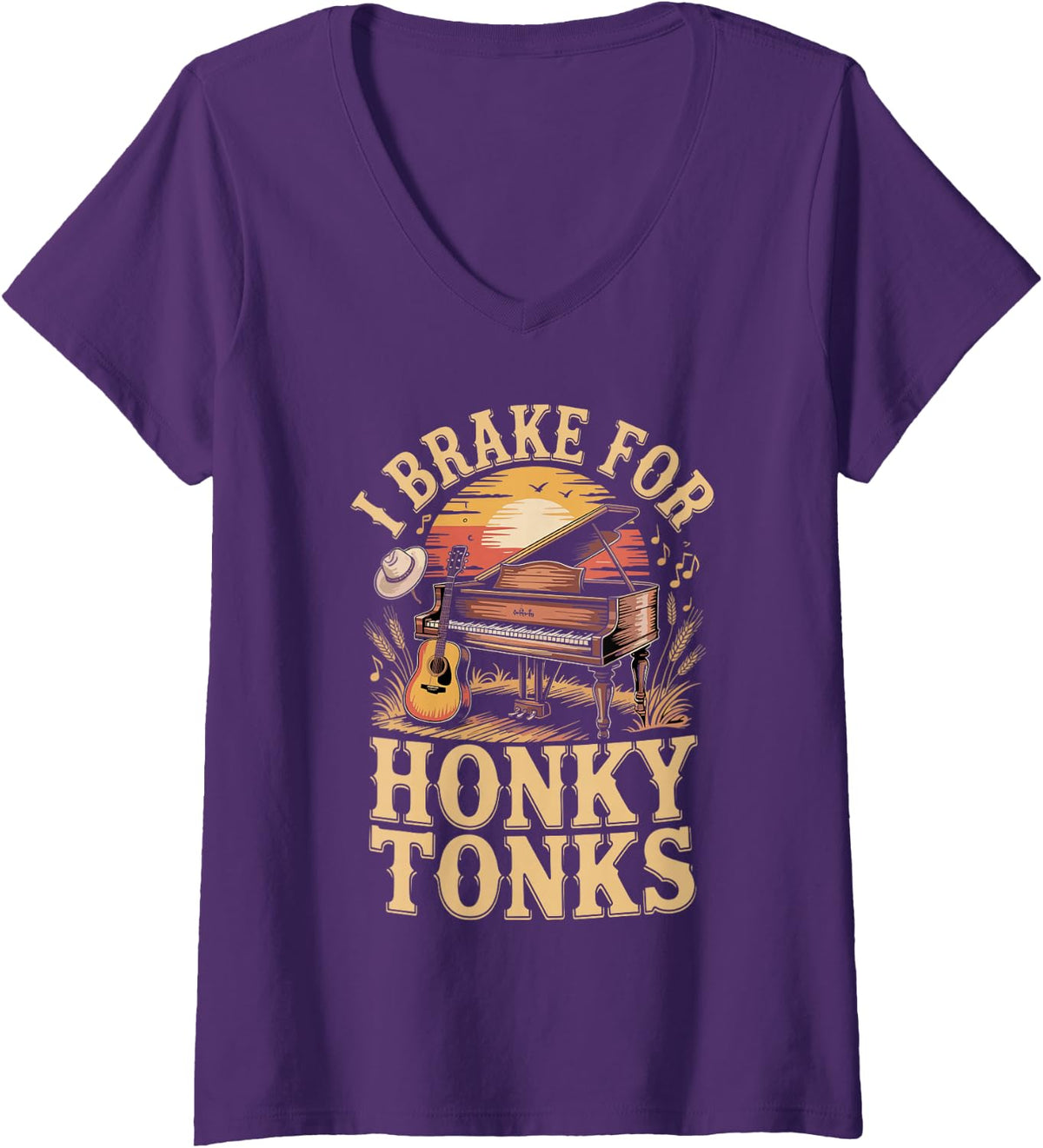 Women's I Brake for Honky Tonks Country Music Line Dancing V-Neck T-Shirt - Purple