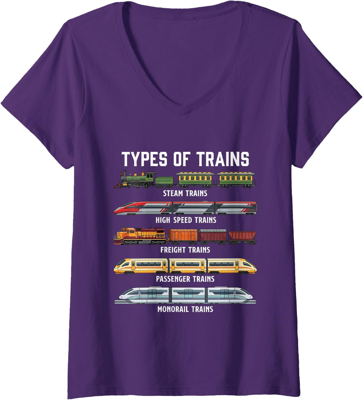 Women's Types of Trains - Train Lover Railroad Steam Locomotive V-Neck T-Shirt - Purple