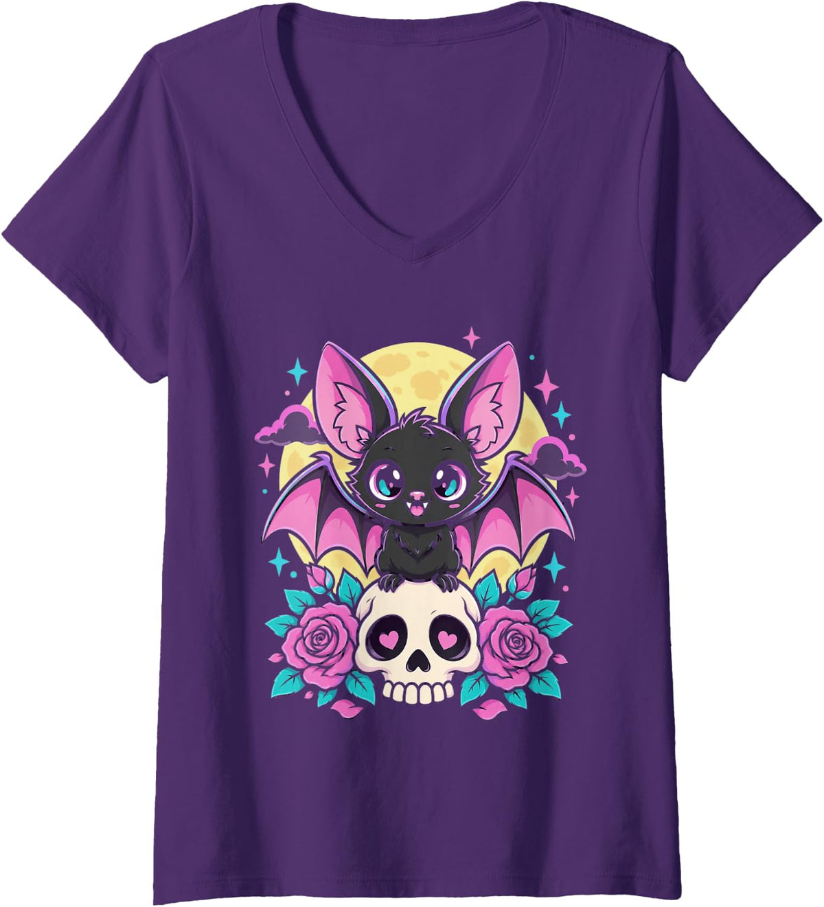 Women's Pastel Goth Kawaii Cute Witch Bat Skull Aesthetic V-Neck T-Shirt - Purple