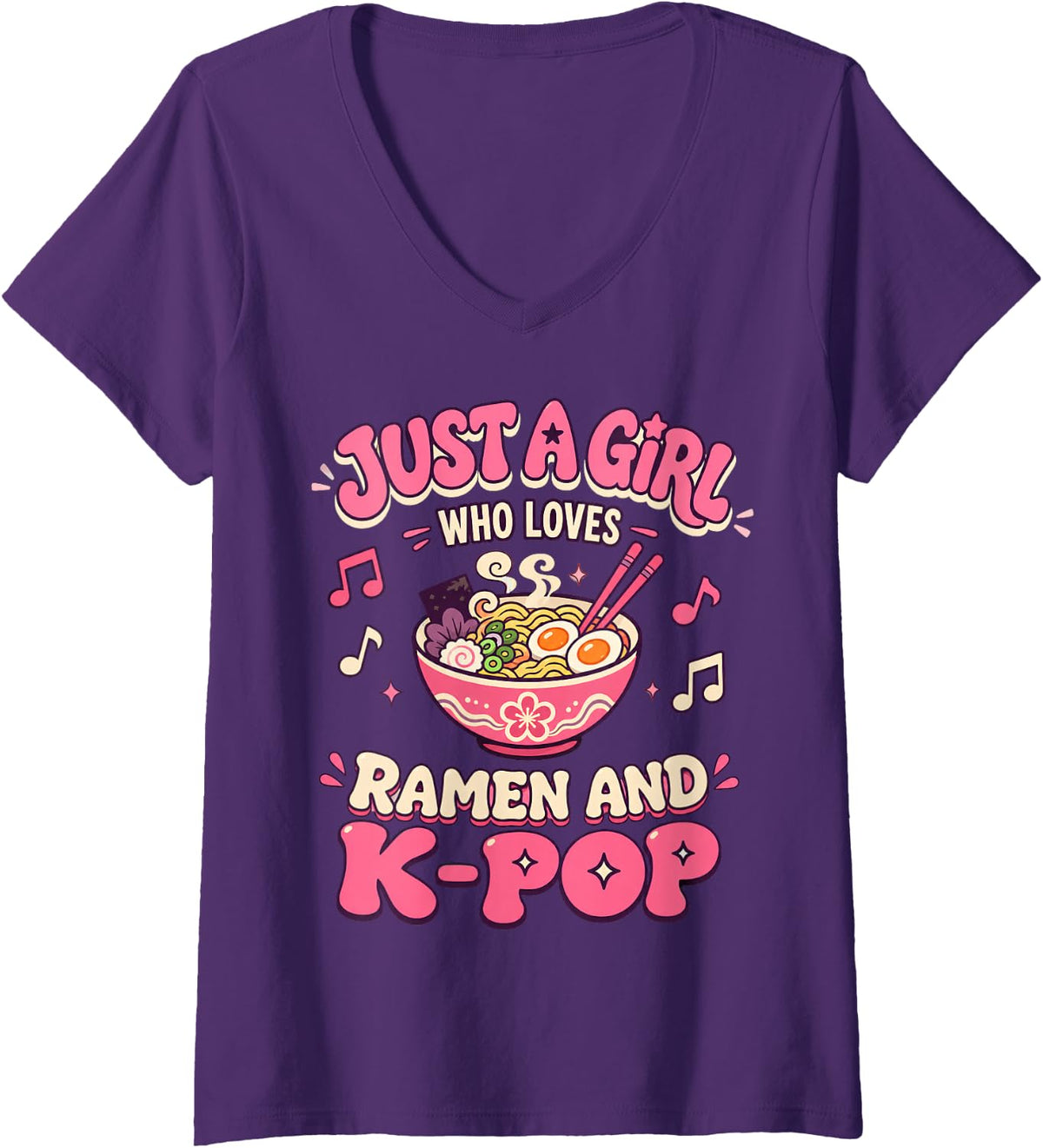 Women's Just A Girl Who Loves Ramen and K-Pop Noodle Music Fan V-Neck T-Shirt - Purple