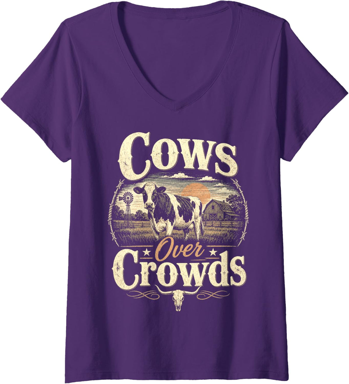 Women's Cows Over Crowds Cow Lover Vintage Farm Life Graphic V-Neck T-Shirt - Purple